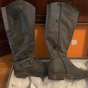 Levity, Grey distressed riding boot with buckle detail, size 11.
